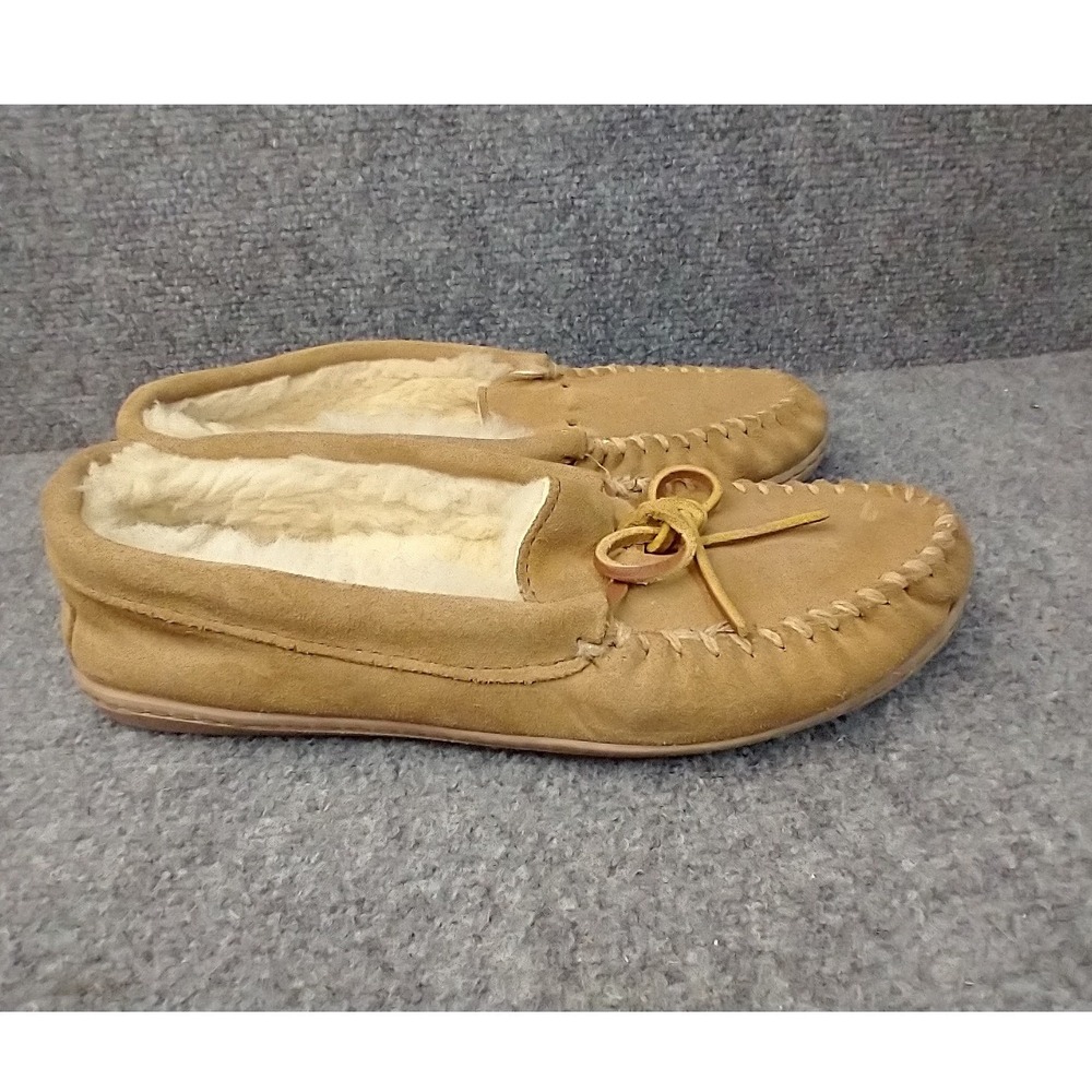 Minnetonka Moccasin Slipper Women Size 9 Tan Suede Sheepskin Lined Cally
